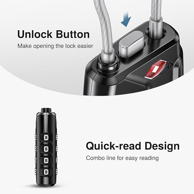 Puroma 4 Pack TSA Approved Luggage Locks 4 Digit Code Cable Lock Black | Resettable, Flexible Cable, Zipper holes, Zinc Alloy, Bright Color, Large White Numbers, Suitcase Train Travel, laptop bag - Image 4