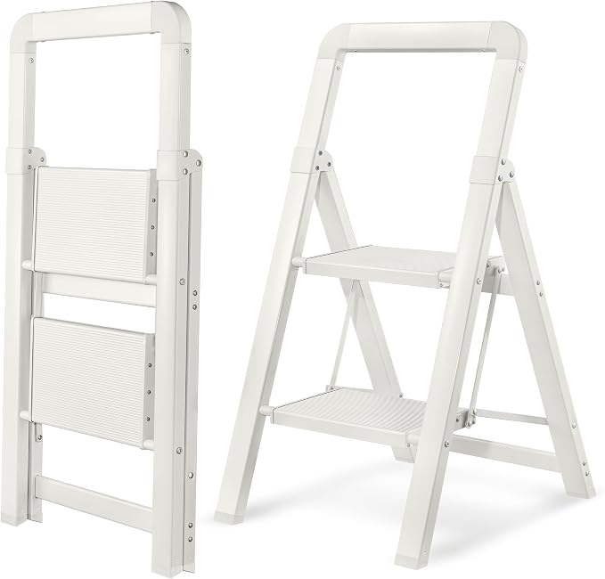 Step Ladder 2-Step White Finish Aluminum Folding Ladders | Anti-slip Sturdy Foldable Ladder Step Stool for Kitchen Home Office Libaray by BIBKOKE