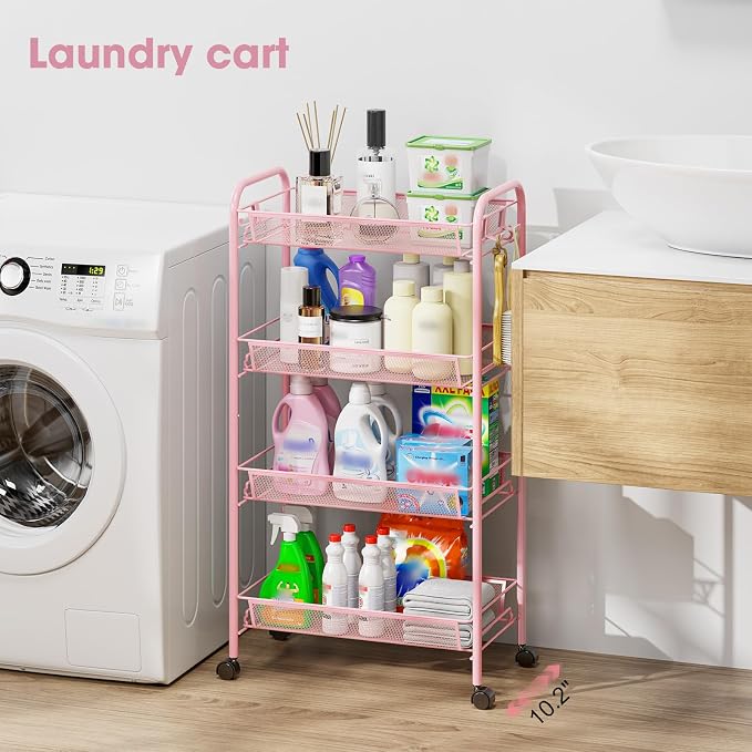 TOOLF 4 Tier Rolling Cart, Metal Utility Storage Cart with Wheels, Pink | 3 Hooks, Screwless Assembly, Trolley Organizer for Bathroom, Kitchen, Office, Nursery, Dorm, Laundry Room - Image 8