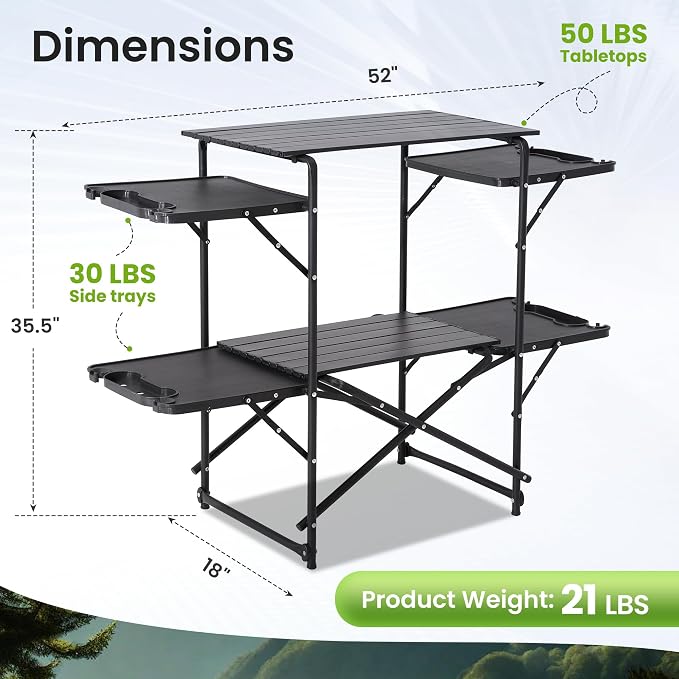 Slim-Fold Camping Kitchen Table, Metal Folding Portable Outdoor Cook Station with 4 Side Tables, 2 Storage Shelves & Carrying Bag, Heat Resistant for Picnic BBQ,Upgraded Black - Image 2