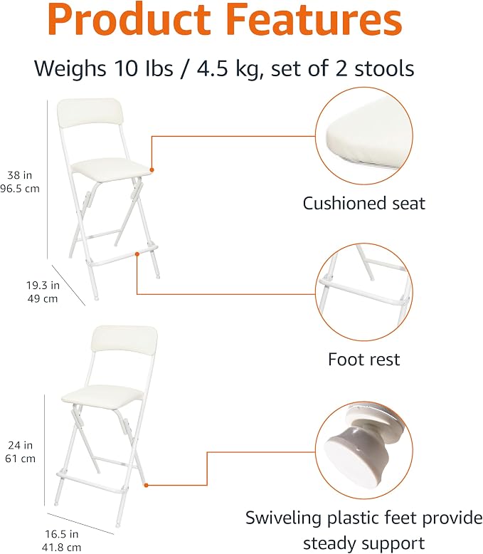 Amazon Basics Folding Bar Stool with Footrest, Portable, Sturdy, Space-Saving Storage, 300lb Capacity, 24" Height, White, Set of 2 - Image 3