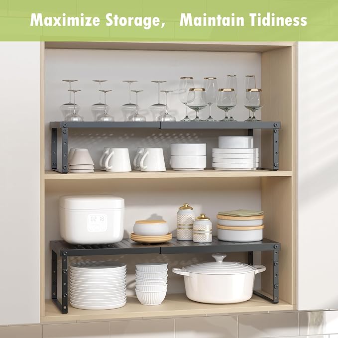 RUILALIFE Expandable Cabinet Organizer Shelf With Adjustable Height, Stackable Kitchen Countertop Organizer Rack, Adjustable Shelf Riser For Kitchen Counter, Pantry, Cupboard, Desk, Tabletop - Image 2