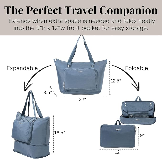 Baggallini Carryall Expandable Lightweight Travel Tote 22" Packable Folding Compact Nylon Washable Weekender w/Luggage Sleeve - Image 3
