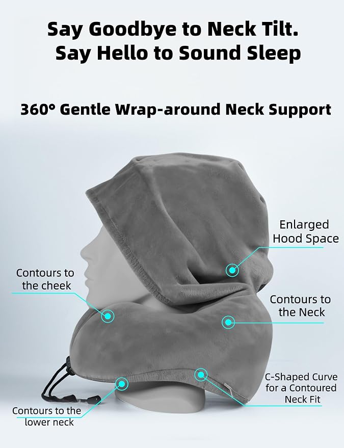 Travel Neck Pillow with Extra Large Hood Rollable Airplane Hooded Neck Pillow with Memory Foam Filling and Removable, Skin-Friendly Cover with Carrying Case & Pouch (Velvet) - Image 4
