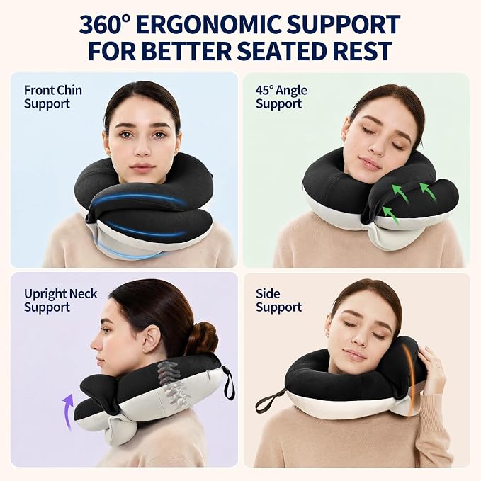 Travel Neck Pillows for Airplanes, Memory Foam 360° Head Support Sleep for Long Flight, Skin-Friendly & Breathable, Kit with Eye Mask, Earplugs and Storage Bag (Adult, Black, 90+ lbs) - Image 2