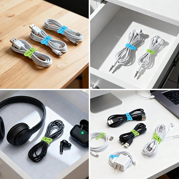 24 Pcs Silicone Cable Ties, Cord Organizer Ties, Cord Ties Reusable, Cord Wrap Cable Organizer 5Inch Cable Management (4 Color) Cbfoeyk - Image 3