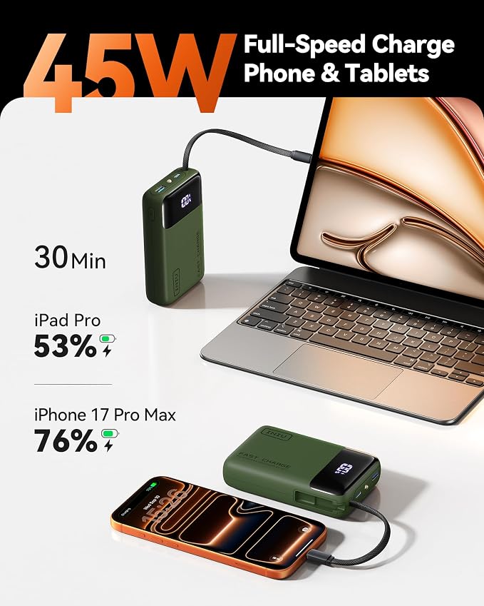 INIU 20000mAh Portable Charger, Smaller 45W Fast Charging Travel Power Bank | Flight-Safe, Built in USB-C Cable, Travel Essential, Battery Phone Pack for iPhone 17 16 Pro, Samsung S26, iPad etc, Green - Image 2