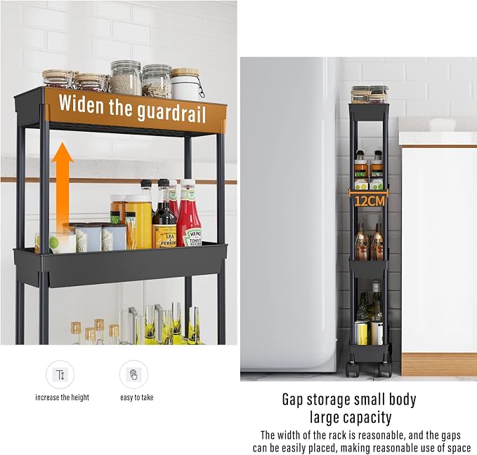 4 Tier Kitchen Bathroom Storage Rolling Cart 39 Inches Tall Slim Utility Rolling Shelf Cart with Wheels Coner Storage Shelves Cart, Black - Image 5