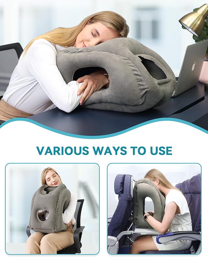 Inflatable Travel Pillow, Airplane Neck Pillow Comfortably Supports Head and Chin for Airplanes, Trains, Cars Office Napping on The Tray Table (Grey) - Image 4
