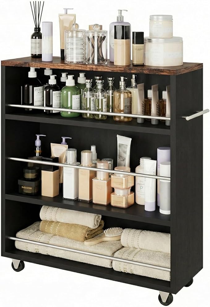 4-Tier Slim Rolling Cart with Wheels, 7.9"W Narrow Storage, Black & Brown | 4 adjustable MDF shelves (20 lbs each), 360° casters + side handle, Fits kitchen, laundry, bathroom & dorm tight gaps by Albad