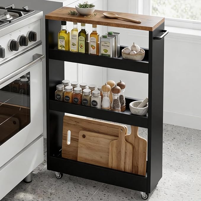 TEAMIX Wood 4-Tier Slim Rolling Storage Cart, 7.9"W, 24.8"D, 36.7"H, Black | Height Adjustable, 360°Swivel Wheels, Deeper & Taller, Use as Narrow Kitchen Cart, Laundry Organizer Between Washer & Dryer - Image 2