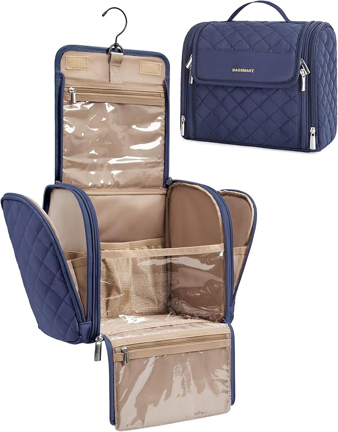 BAGSMART Makeup Bag for Women with Hanging Hook, Large Portable Capacity Water-resistant Organizer Travel Case for Toiletries and Cosmetics, Blue by BAGSMART