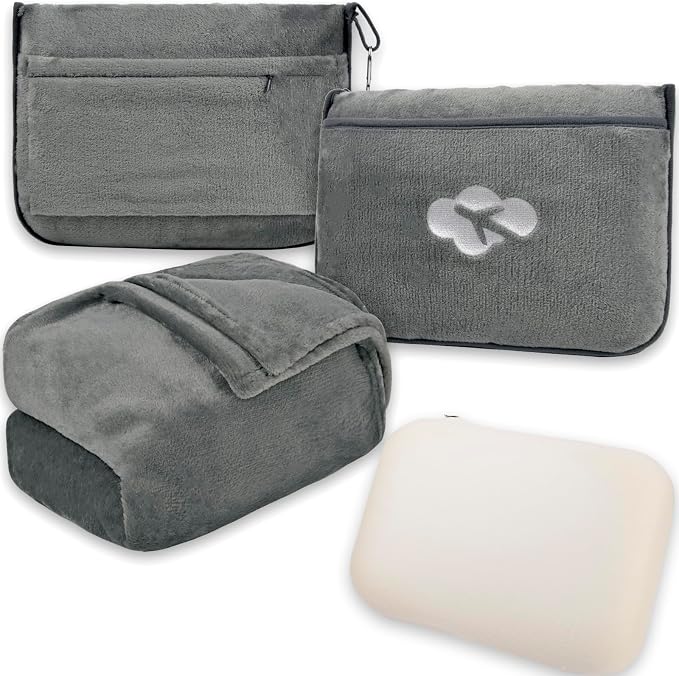Blanket Pillow for Airplane Travel Essentials -3 In 1 Plane Travel Set Gray | Memory Foam, Compact with Bag, Fleece Soft for Long Flight Traveling Car Road Trip Flying Accessories, for Adult Women by Nerien