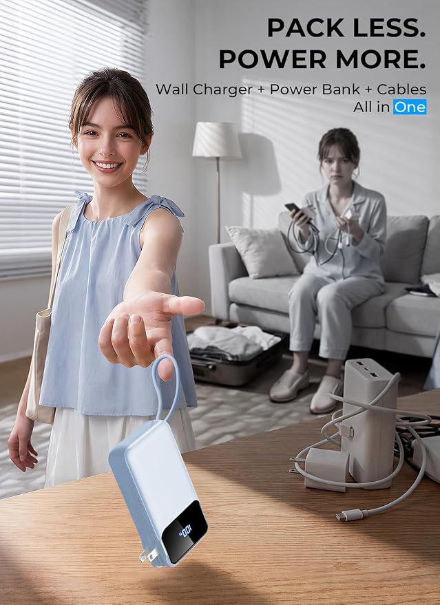 Portable Charger 50000mAh, Power Bank with Built-in Cables & Wall Plug | Fast-Charging, Ultra-High-Capacity Battery Pack for Travel Essential, for iPhone, Samsung, Google Pixel, and iPad-Sky Blue - Image 3
