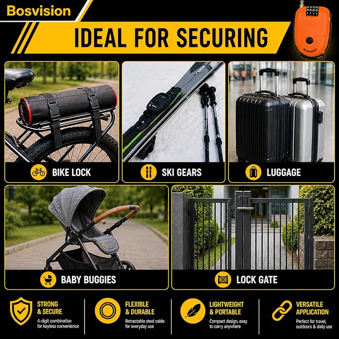 Bosvision Ultra-Secure 4-digit Combination Lock with 3 Feet Retractable Cable for Bike, Ski, Snowboard and Stroller | 4-Digit Cable Lock, Steel Retractable Cable (2.4mm diameter) for Ski, Bike, Scooter, Skate Board, Stroller, Pushchair - Image 3