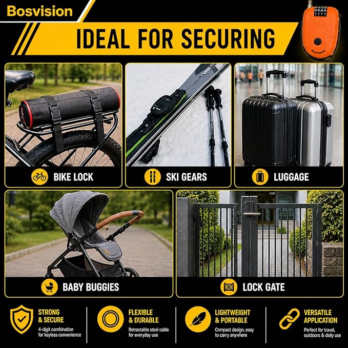Bosvision Ultra-Secure 4-Digit Combination Lock with 90cm Retractable Cable for Bike, Ski, Snowboard and Stroller | 4-Digit Cable Lock, Steel Retractable Cable (2.4mm diameter) for Ski, Bike, Scooter, Skate Board, Stroller, Pushchair - Image 3