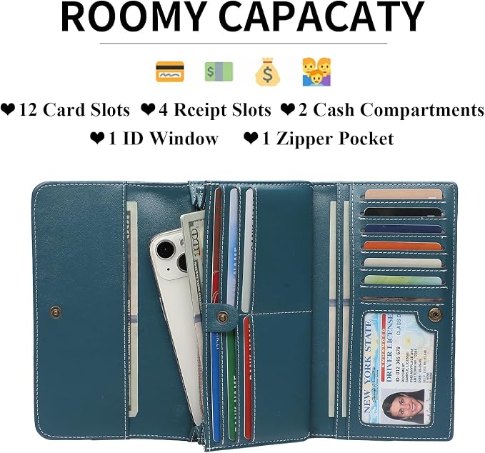 GOIACII Leather Wallets for Women RFID Blocking Western Clutch Blue | Embossed Design, Trifold, Large Billfolds, Vintage Flower, Ladies Purses with Zipper Coin Pocket - Image 2