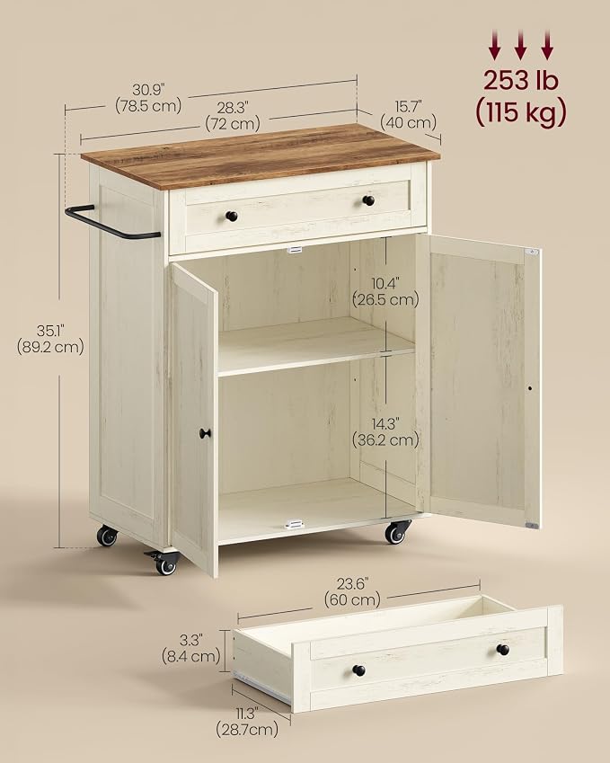 VASAGLE Mobile Kitchen Island with Storage Cabinet for Kitchen, Dining Room | Portable Mobile Cart on Wheels , 15.8 x 30.9 x 35.1 Inches, Rustic White and Honey Brown, SIREN Collection UKKI009WJ01S - Image 6