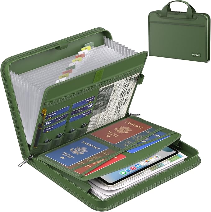 ENGPOW Accordion File Organizer,Fireproof Expanding File Folder with Multi Pockets,13 Pockets Document Organizer with Handle & Labels,Portable Home Travel Safe Storage for Letter A4 Files,Green by ENGPOW