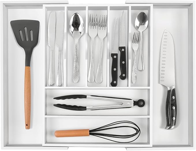 Bellsal Large Premium Bamboo Silverware Organizer - Expandable Utensil Drawer Organizer - 17"x19.6" Utensil Holder and Cutlery Tray with Grooved for Kitchen Flatware and Utensils(7-9 Slot, White) - Image 8