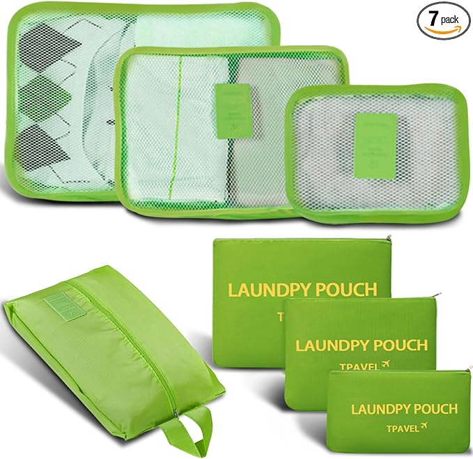 7 Set Packing Cubes for Travel Luggage Packing Bags Reusable Waterproof Suitcase Organizer Bags Set with Shoe Bag and Toiletry Bag (Green) by INVODA