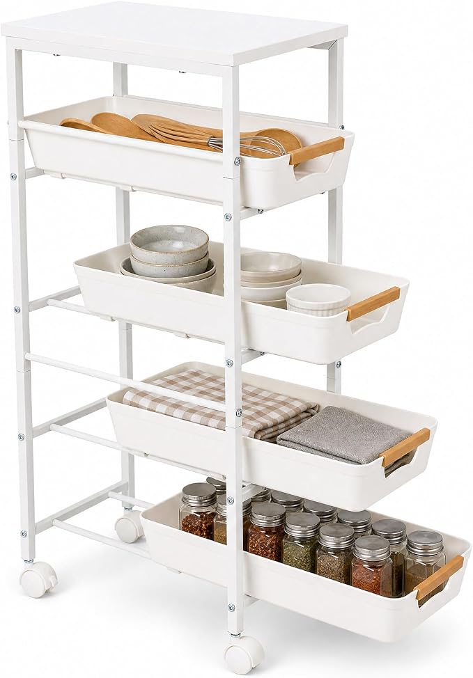 Garvee 5-Tier Slim Rolling Storage Cart, 9.5" Wooden Top Narrow Kitchen Carts on Wheels with Pull-Out Baskets, Mobile Shelving Unit Organizer for Kitchen, Bathroom, Laundry Room, Small Spaces by Garvee