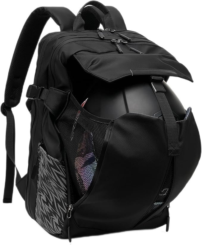 Motorcycle Backpack, 17'' Laptop Compartment, High-Density Nylon, Adjustable Helmet Holder, Reflective, Waterproof for Outdoor Enthusiasts | Motorcycle Helmet Storage Backpack Also Fit Basketball Football Soccer,Reflective, Riding & Daily Commute Gift ... by MIHUNTER