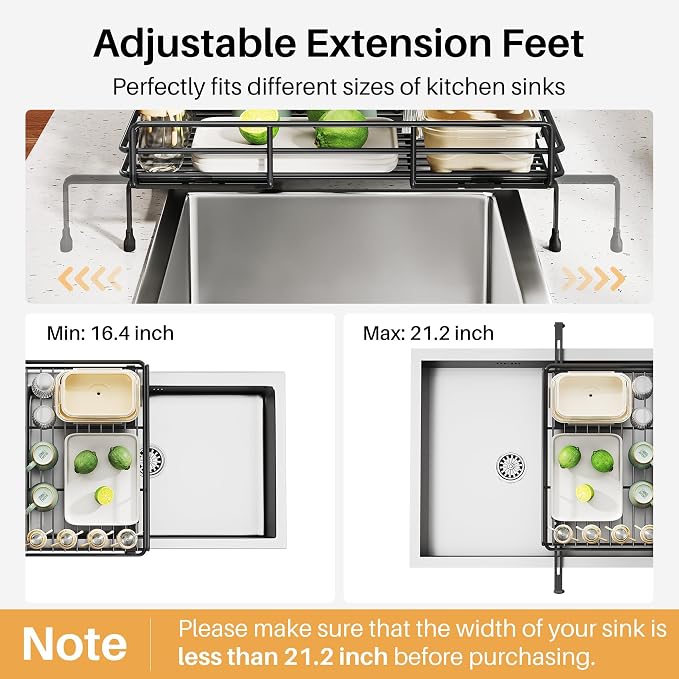 Expandable Dish Drying Rack for Kitchen Counter, Stainless Steel, Black | Foldable Over Sink, Large Capacity, Adjust to Fit Most Sinks, Angled Drainboard, Removable Utensil Holder, Slip Resistant - Image 7