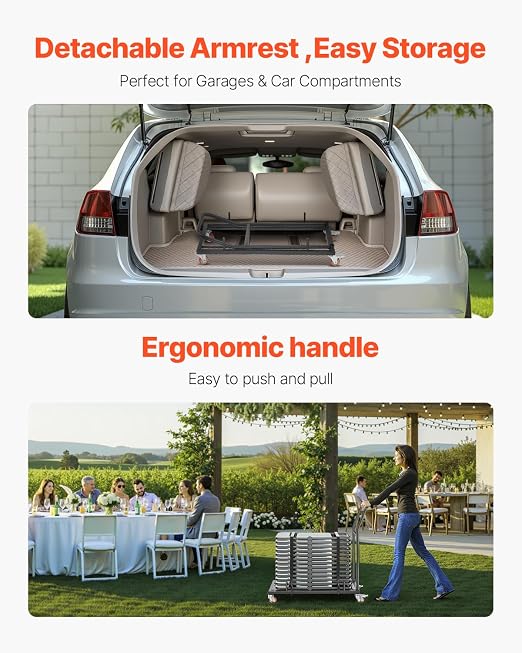 VEVOR Folding Chair Rack, 300 LBS Capacity, L-Shape Horizontal Placement Chair Cart for 25 Chairs, Heavy-Duty Metal Chair Storage Dolly with Rubber Wheels and Holders, Large Chair Holder, Matte Black | 300LBS Folding Chair Rack with Rubber Wheels & Hol... - Image 5
