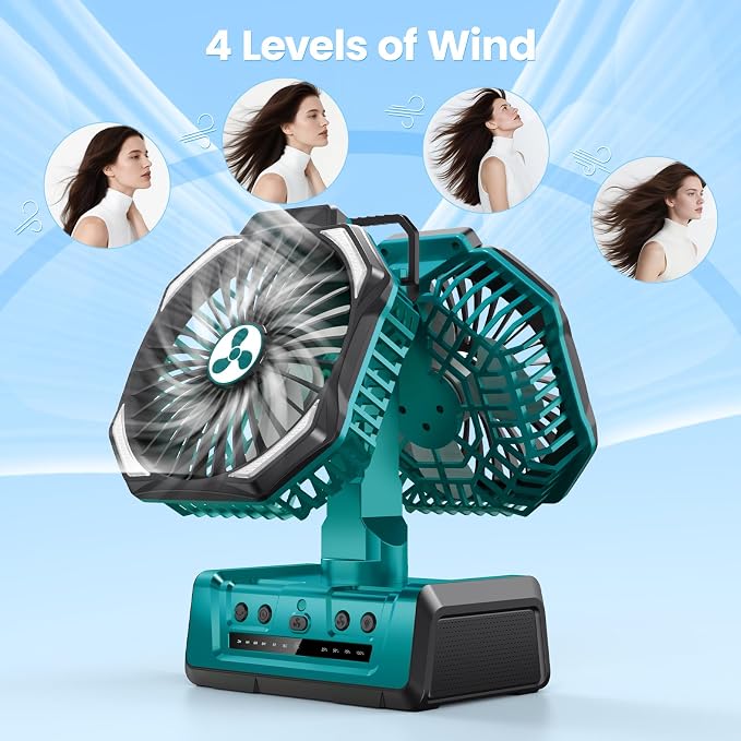 Dual Head Portable Rechargeable Fan 20000mAh Battery Powered Fan Camping Cordless with 360° Air Delivery, LED Lantern & Remote, Auto Oscillation, Battery Operated for Tent Office Travel Picnic Jobsite - Image 3