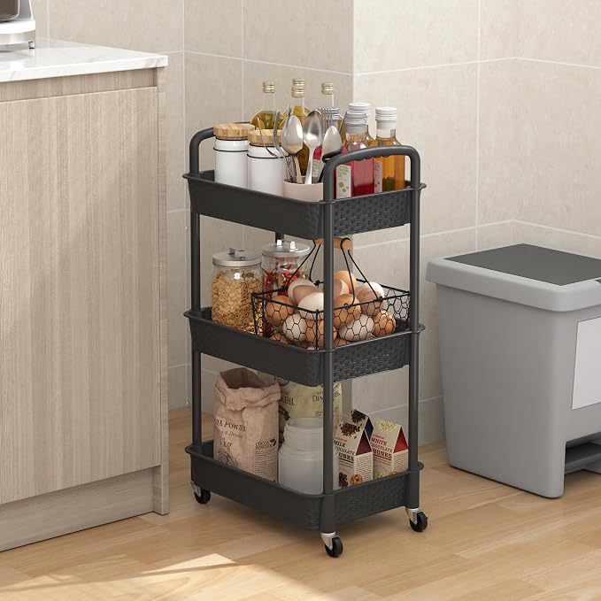 MOYIPIN 3-Tier Plastic Rolling Utility Cart with Handle,Black | Utility Storage Cart for Office, Living Room, Kitchen,Movable Storage Organizer，Easy installation，Rattan-like art design - Image 5