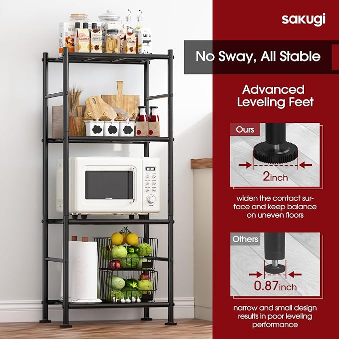Sakugi Storage Shelves - 4 Tier Shelf Organizer, Heavy Duty Garage Shelving Unit with Leveling Feet, Stable Metal Shelves Organizer for Pantry, Kitchen and Closet, 18.4" W x 12.6" D x 44.2" H, Black - Image 5