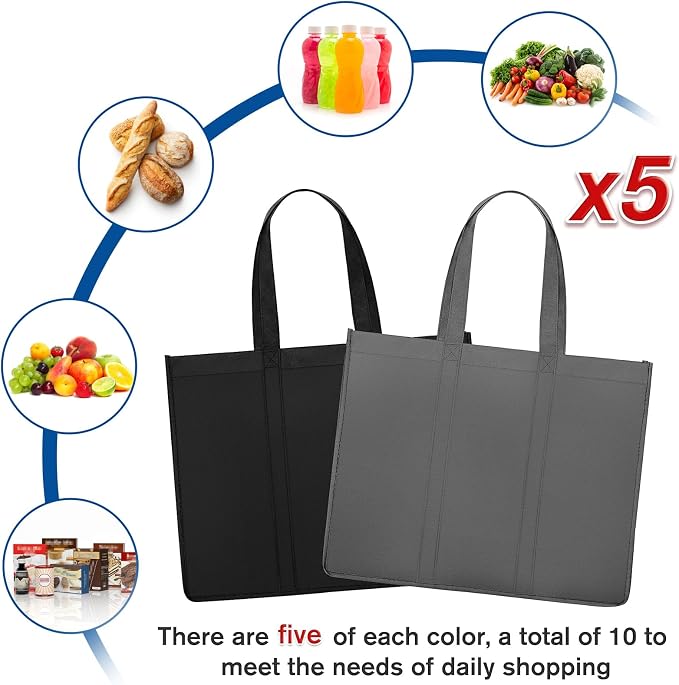 Reusable Grocery Shopping Bags 10 Pack Large Foldable Tote Bags Bulk | Eco Produce Bags with Long Handle for Shopping Groceries Clothes (Dark Grey & Black) - Image 5