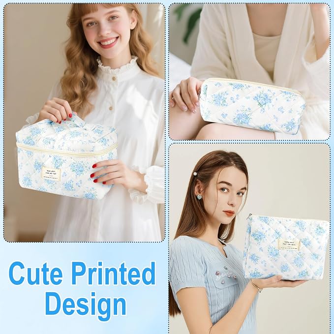 URSKYTOUS 3Pcs Cotton Quilted Makeup Bag for Women Girls Large Small Travel Floral Cosmetic Bags Set Cute Coquette Zipper Makeup Pouch for Purse Aesthetic Cloth Flower Storage Toiletry Bag Organizer - Image 6