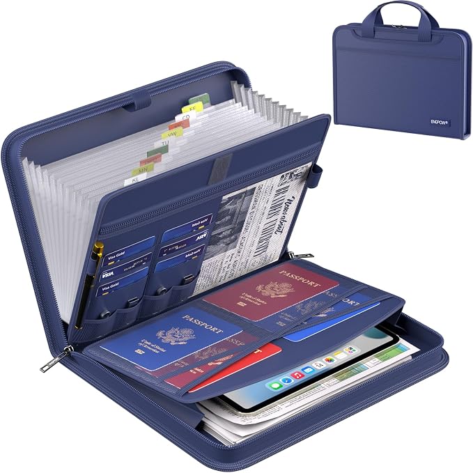 ENGPOW Accordion File Organizer,Fireproof Expanding File Folder with Multi Pockets,13 Pockets Document Organizer with Handle & Labels,Portable Home Travel Safe Storage Folder for Letter A4 Files,Blue by ENGPOW
