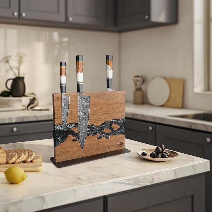 Magnetic Knife Block, Double-Sided Knife Holder with Strong Magnets, Acacia Wood and Black White Resin, Countertop Kitchen Knife Storage Stand (12 × 10 Inches, Without Knives) - Image 8