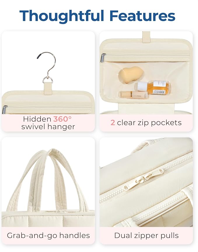 BAGSMART Travel Toiletry Bag with Jewelry Organizer, Hanging Travel Bag for Toiletries, Puffy Makeup Cosmetic Bag Organizer, Carry-on Travel Accessories Essentials, Beige-L - Image 5
