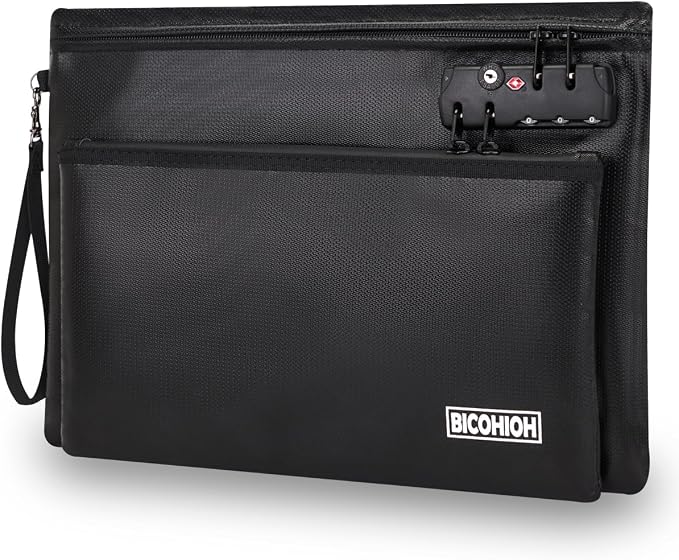 Fireproof Document Bag, Fireproof Money Bag with Lock and Zipper for Cash, FireproofBag Notary Supplies, Fire Safe CashBag Bank Bag (BLACK, Large) by BICOHIOH