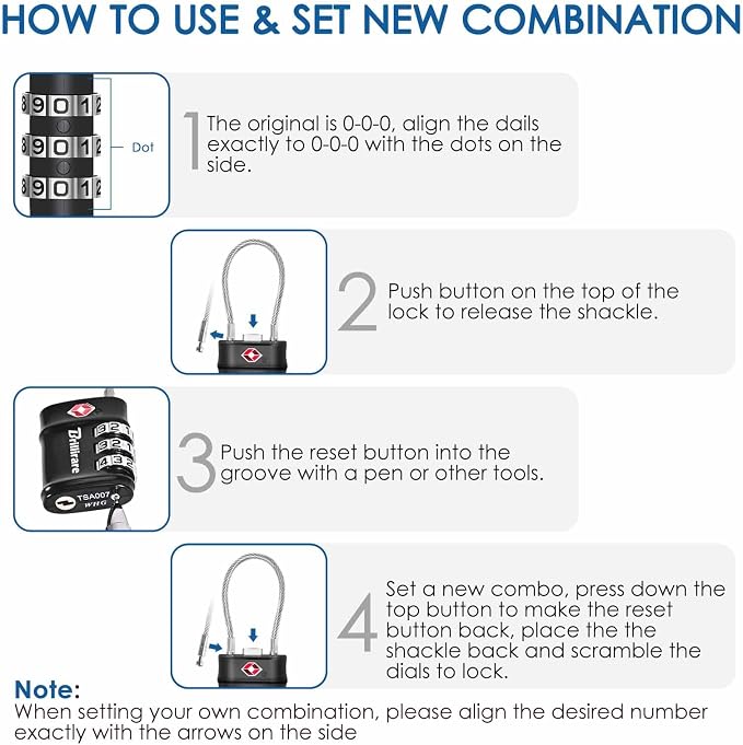 2 Pack TSA Approved Luggage Locks, Combination Travel Cable Lock, 3-Digit Waterproof Padlock, Zinc Alloy Outdoor Keyless Resettable Lock for Travel, Lockers, Bags, Backpack, Gym, Gate-by BRILLIRARE - Image 7