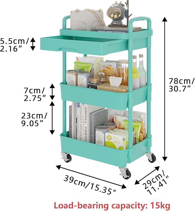 Calmootey 3-Tier Utility Cart with Drawer & Wheels, Storage for Home,Office | Space-Saving Organizer, Sturdy Plastic Shelves, Smooth-Rolling Metal Wheels, Built-in Drawer for Small Items, Green - Image 5