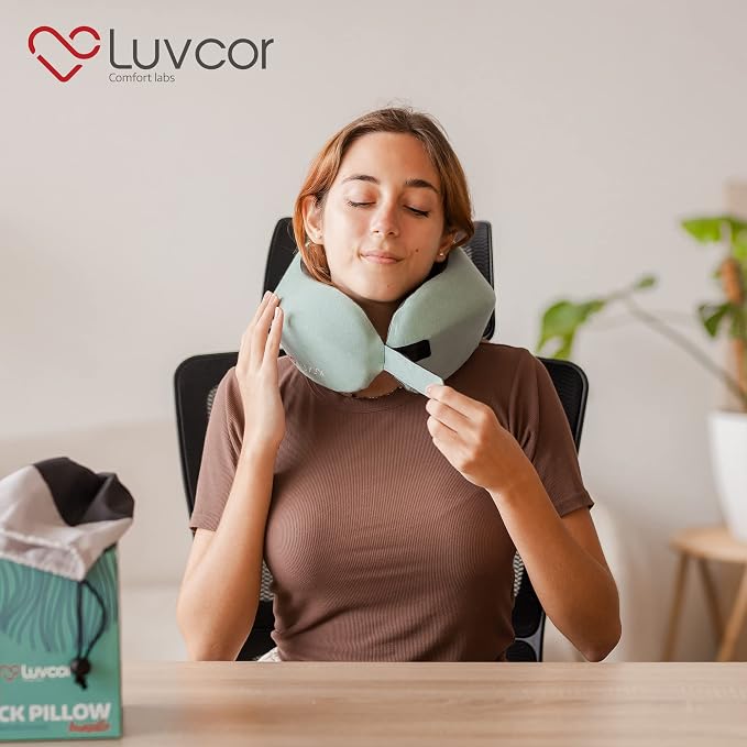 Premium Quality Memory Foam Travel Neck Pillow Bundle - Best Ergonomic Pillow for Airplane Travel, car Ride, Sleeping. Comes with Eye mask, earplugs and Storage Bag. (Imperial Green) - Image 5