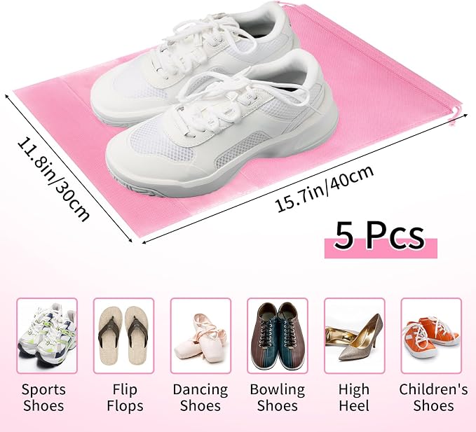 Pink Travel Shoe Bags - 5 Pcs Non-Woven Packing Bags with Clear Window | 15.7" x 11.8" Waterproof Dustproof Portable Travel Shoe Storage Bag for Men and Women - Image 2