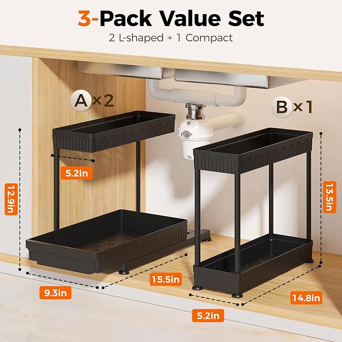 3-Pack 2-Tier L-Shaped Under Sink Organizers with Sliding Drawers | Multi-use kitchen & bathroom storage, 12.85 inch black cabinet organizer, space-saving sliding drawer design. - Image 8
