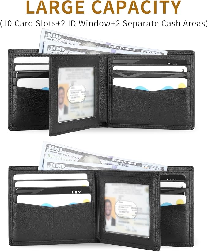 Mens Wallet - Genuine Leather Bifold RFID Blocking Slim Front Pocket Large Capacity with 10 Card Slots, 2 ID Windows & 2 Cash Pockets - Heavy Duty Stitched Gift for Men (Black) - Image 3