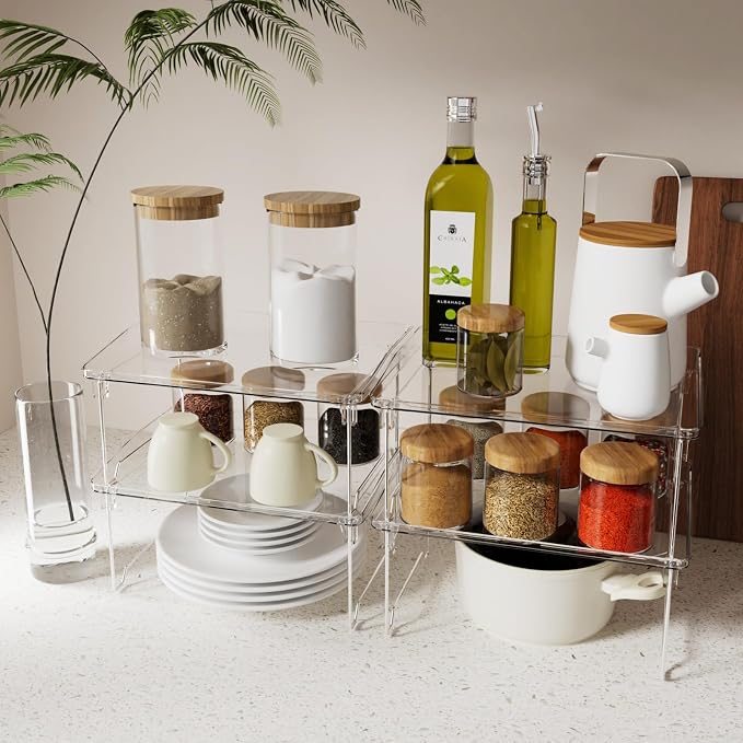 STARLATTA 2 Pcs Cabinet Organizer Shelf, Stackable Kitchen Counter Shelves, Spice Rack,Countertop Organizers, Clear Plastic Storage Shelves Rack for Makeup,Bathroom,Cupboard,Desk,Pantry Organization - Image 2