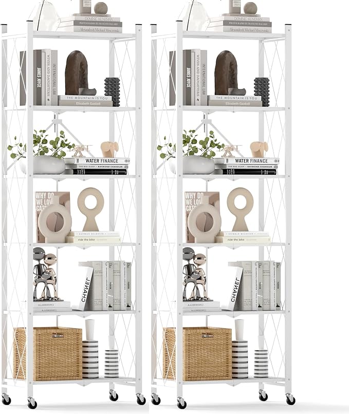 DEANIC 6-Shelf Folding Bookcase with Wheels, Heavy Duty Storage Shelves, Freestanding Metal Wire Shelving Unit for Living Room, Office, Kitchen, Basement, Pantry (White 2 Pack) by ShowNow