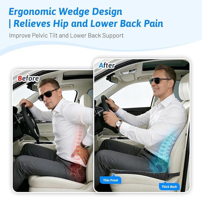 Wedge Car Seat Cushion for Better Visibility & Sciatica Pain Relief | High Density Memory Foam, Non-Slip Ergonomic Car Seat Cushion for Driving, Universal Fit for Car, SUV,Truck & Tractor - Image 5