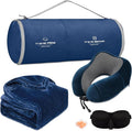 urnexttour Travel Pillow and Blanket Set Neck Pillow Airplane Foam Blue | 43x60 Inch Plane Blanket, Traveling Compact Storage Bag, Eye Mask, and Earplugs for Ultimate Flight Comfort, Women and Men by Urnexttour