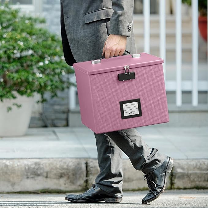 Pink Fire Proof File Box for Documents - Portable Fireproof Document Organizer Box with Handle Waterproof Safe Locking Folder Storage with Lid - Image 7
