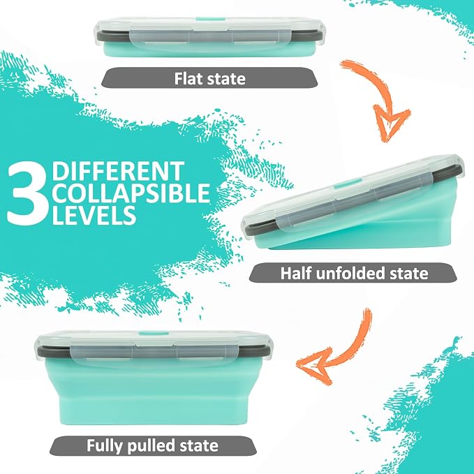 Collapsible Silicone Food Storage Containers Set with Lid & Air Vent,Foldable Lunch Containers(4PCS,Light Turquoise,27oz) - Image 4